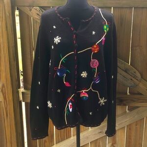 Pappagallo Christmas Holiday String of Lights Long Sleeve Black Cardigan Sweater